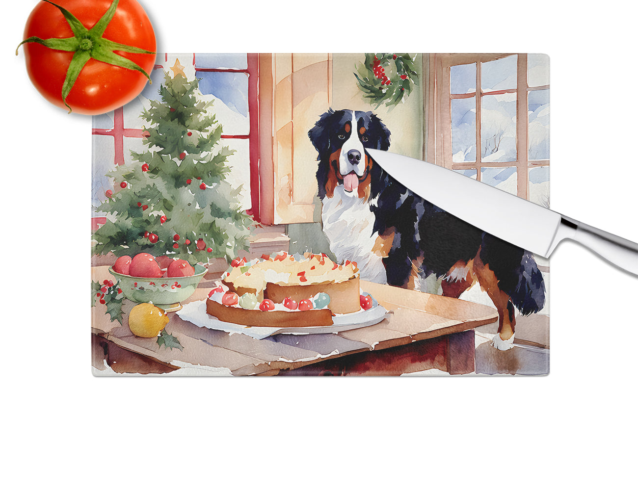 Bernese Mountain Dog Christmas Cookies Glass Cutting Board