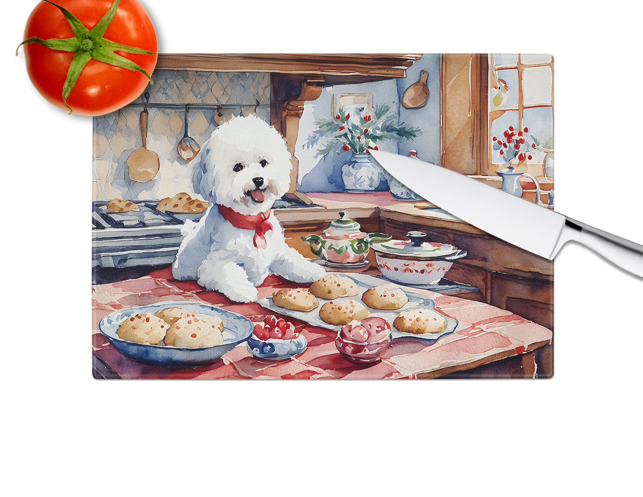 Bichon Frise Christmas Cookies Glass Cutting Board