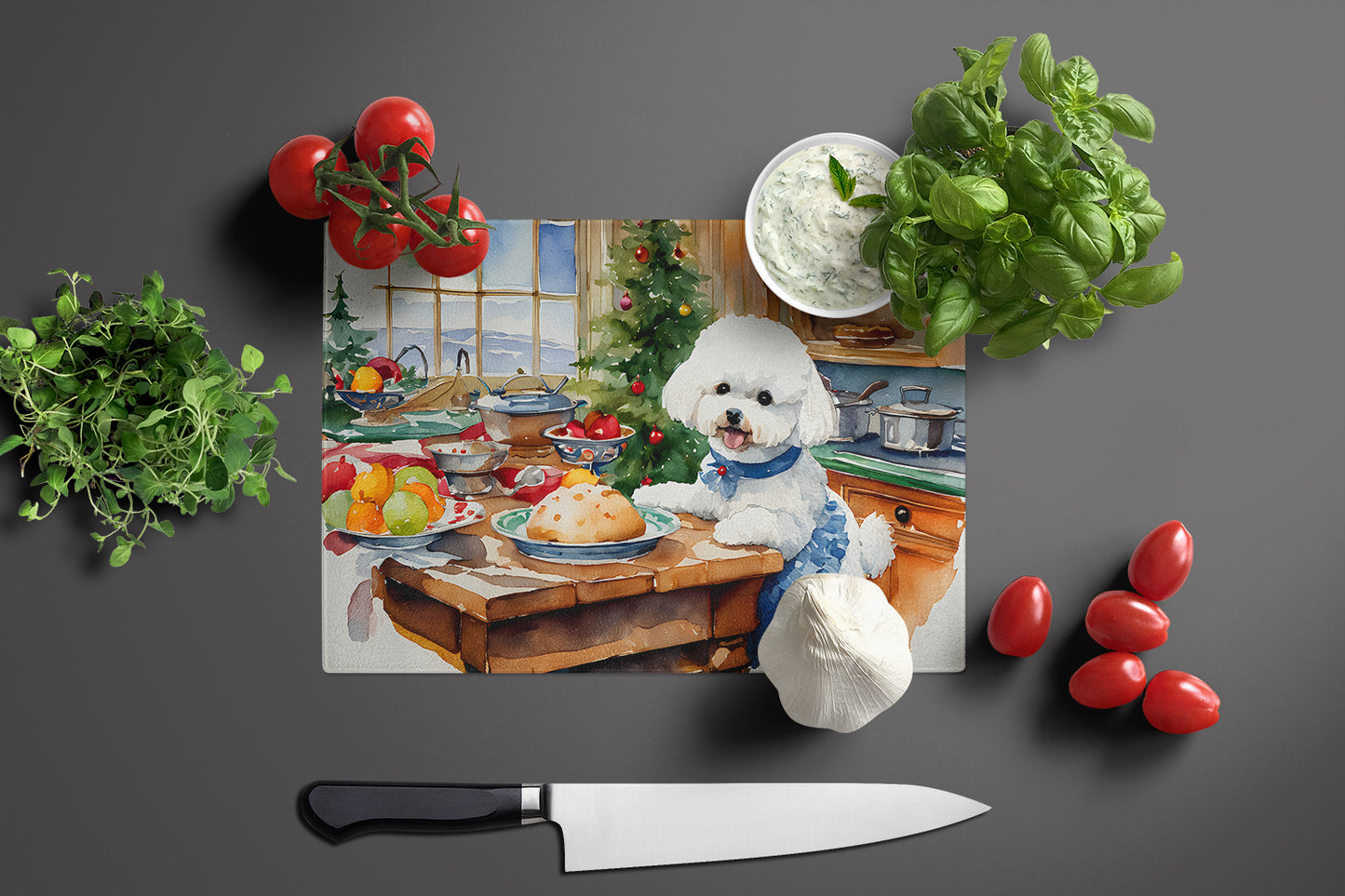 Bichon Frise Christmas Cookies Glass Cutting Board