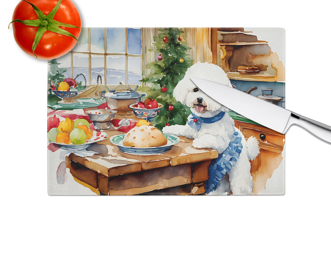 Bichon Frise Christmas Cookies Glass Cutting Board