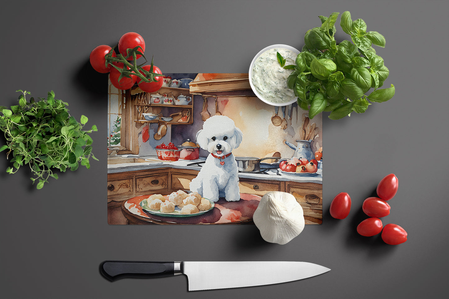 Bichon Frise Christmas Cookies Glass Cutting Board