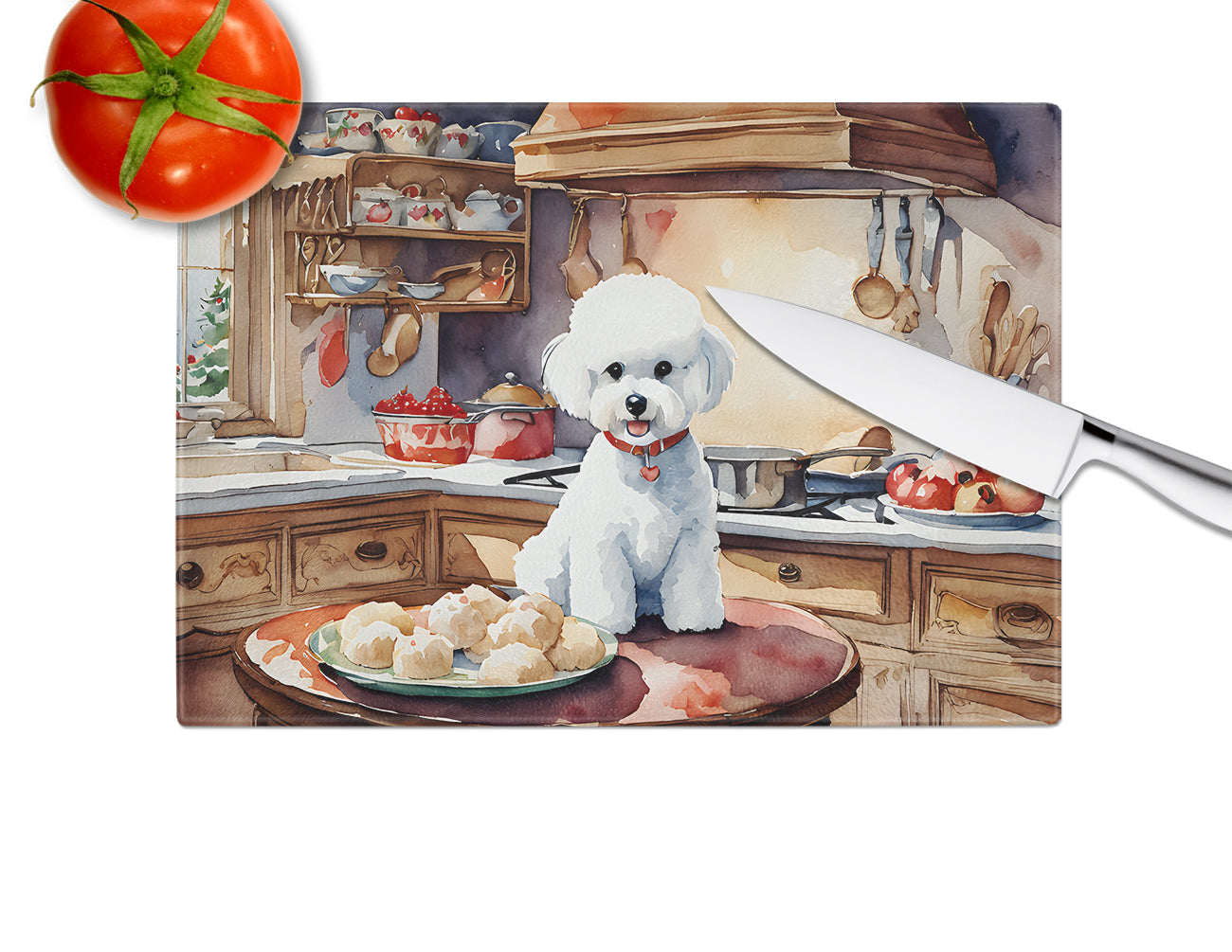 Bichon Frise Christmas Cookies Glass Cutting Board