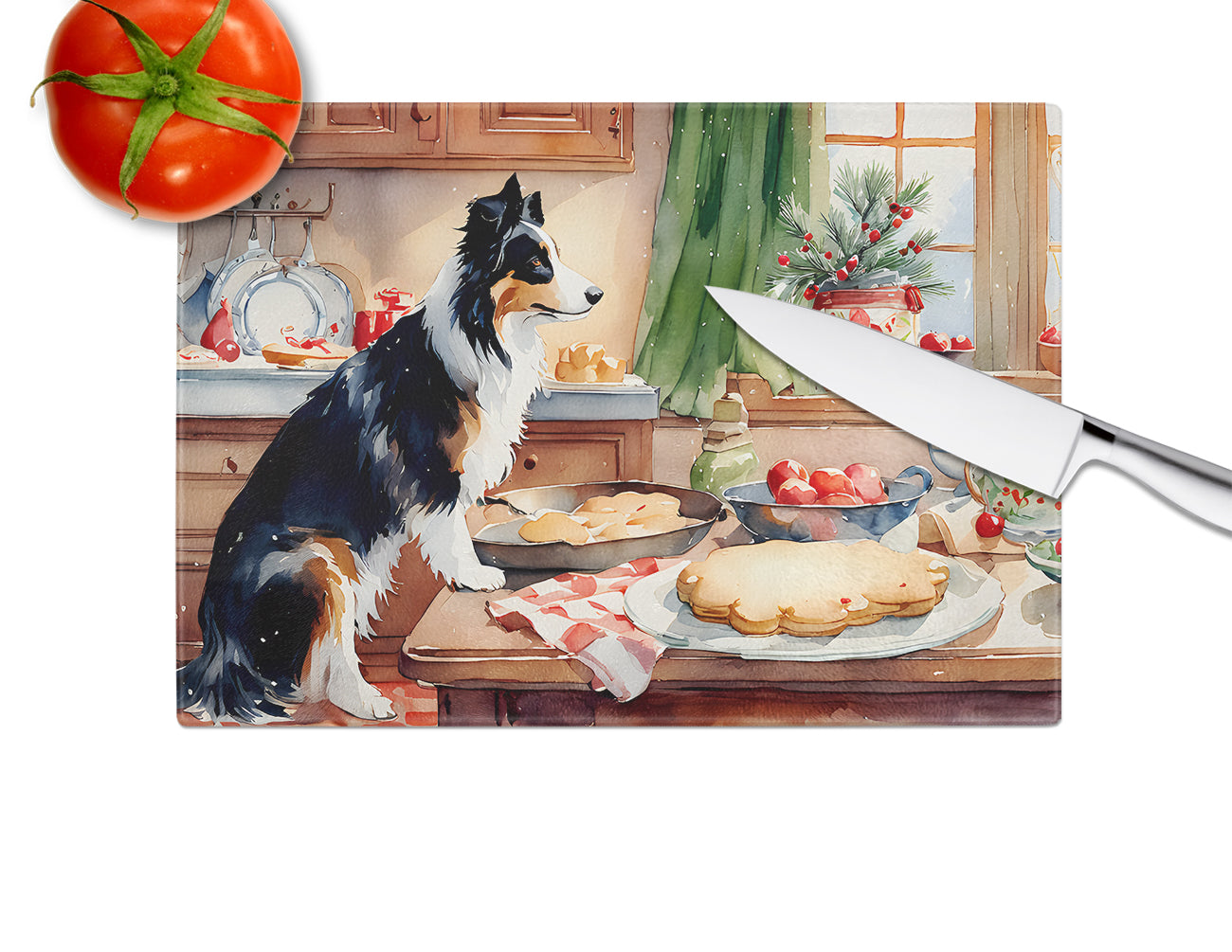 Border Collie Christmas Cookies Glass Cutting Board