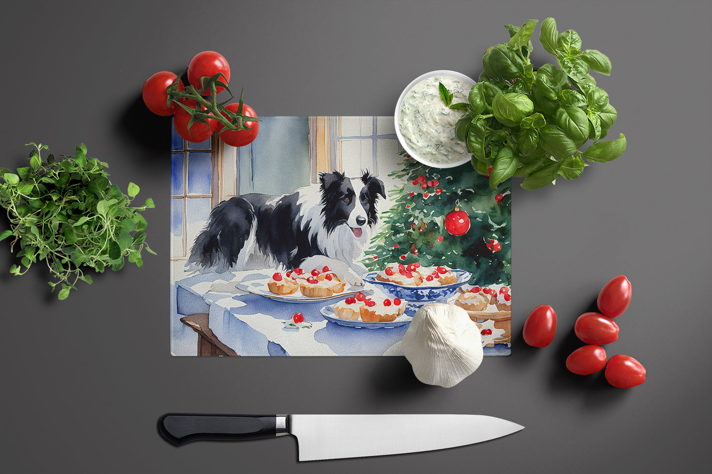 Border Collie Christmas Cookies Glass Cutting Board