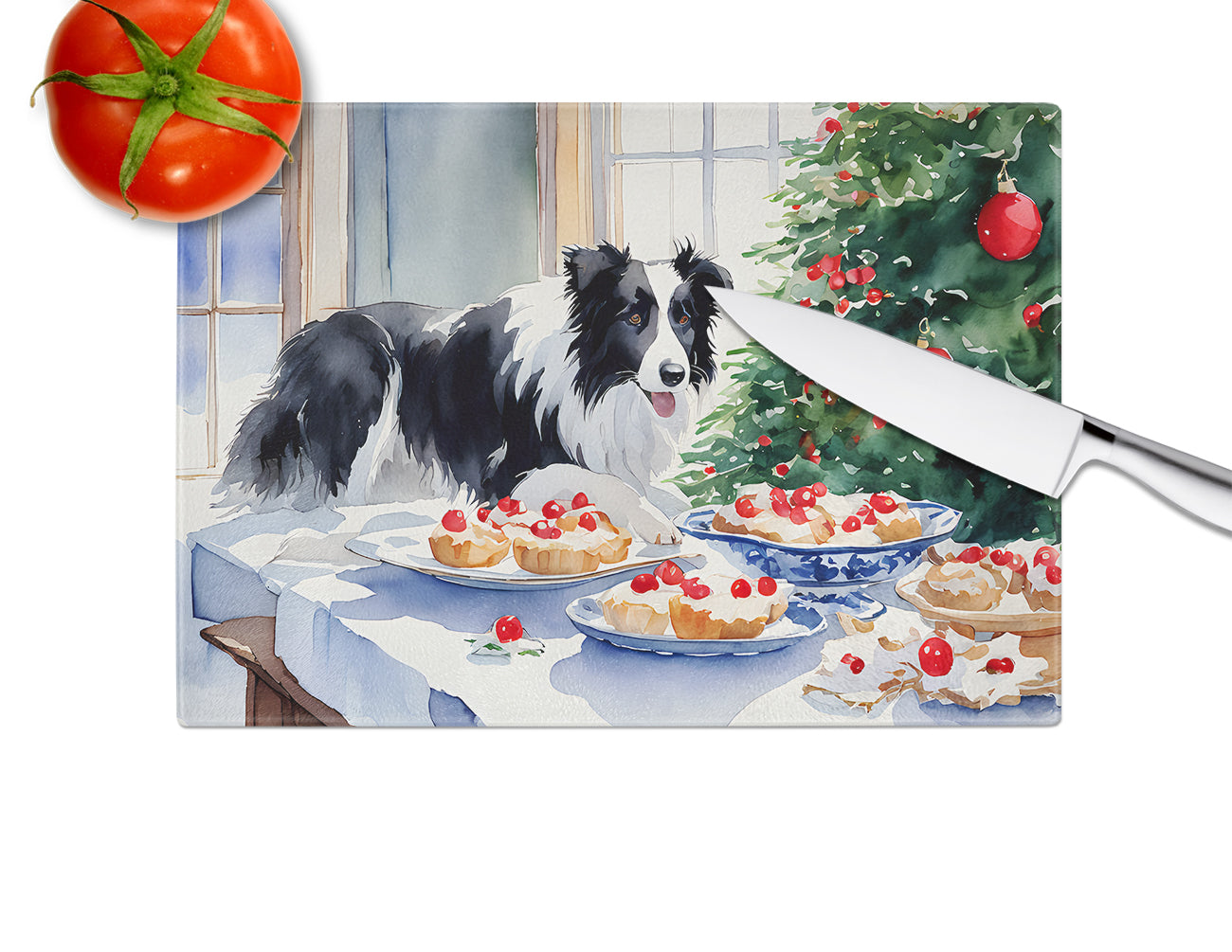 Border Collie Christmas Cookies Glass Cutting Board