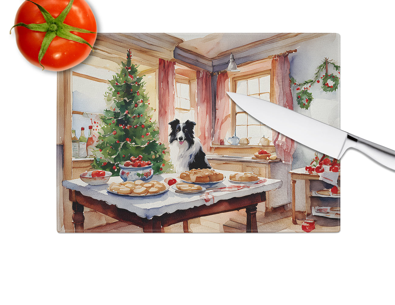 Border Collie Christmas Cookies Glass Cutting Board