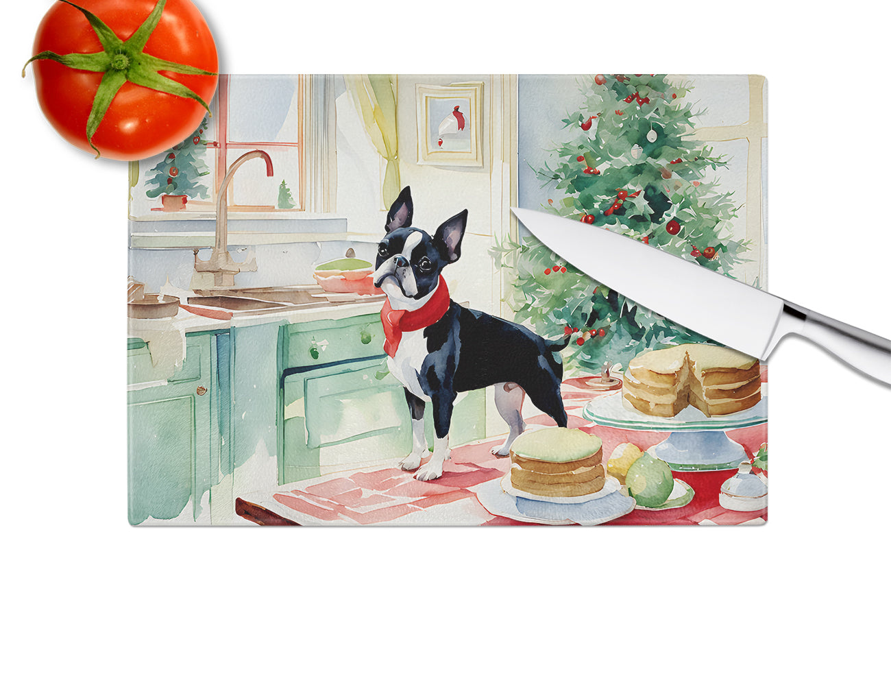 Boston Terrier Christmas Cookies Glass Cutting Board