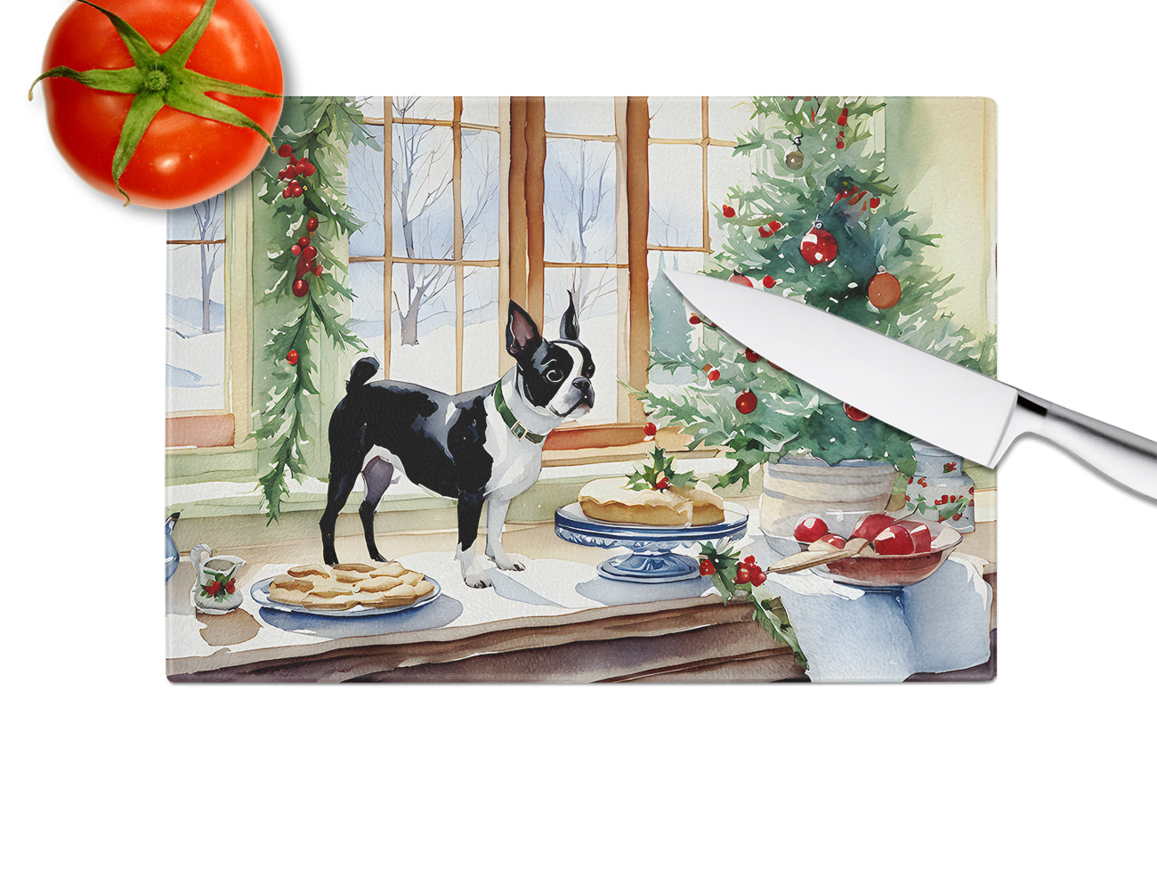 Boston Terrier Christmas Cookies Glass Cutting Board