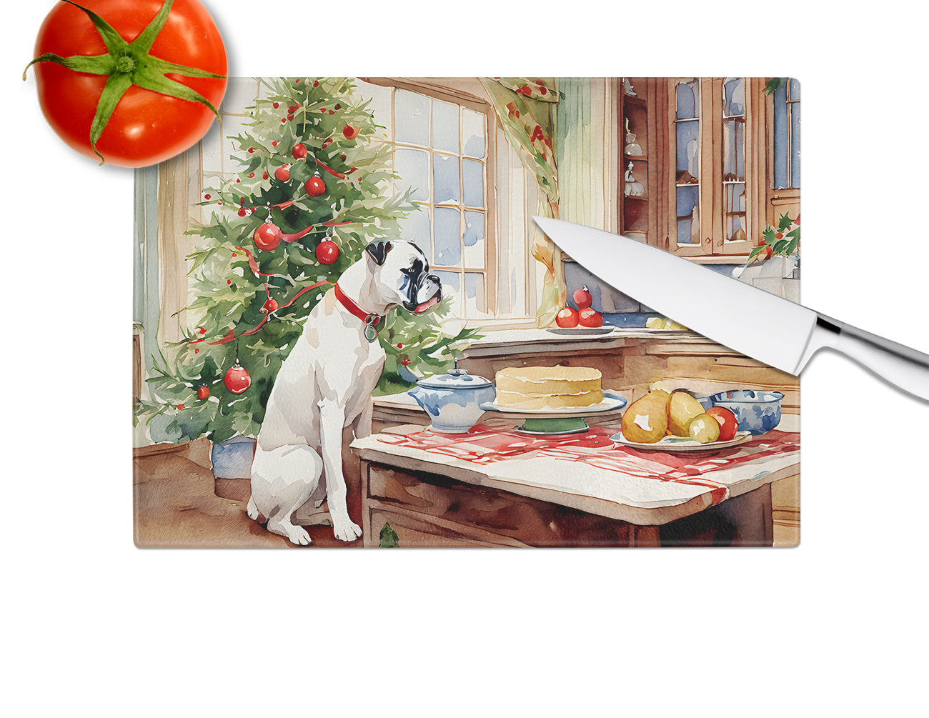 White Boxer Christmas Cookies Glass Cutting Board