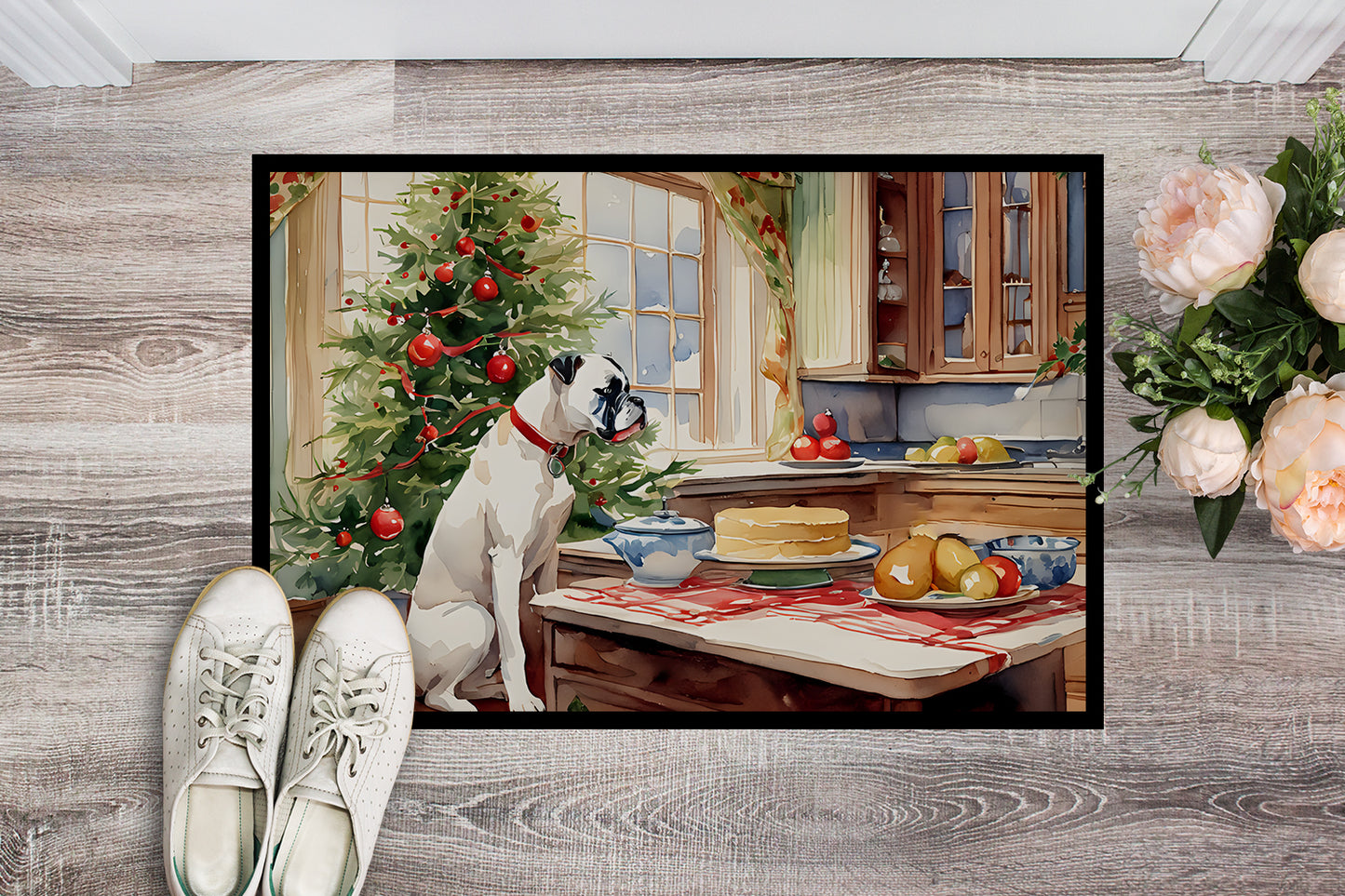 White Boxer Christmas Cookies Doormat