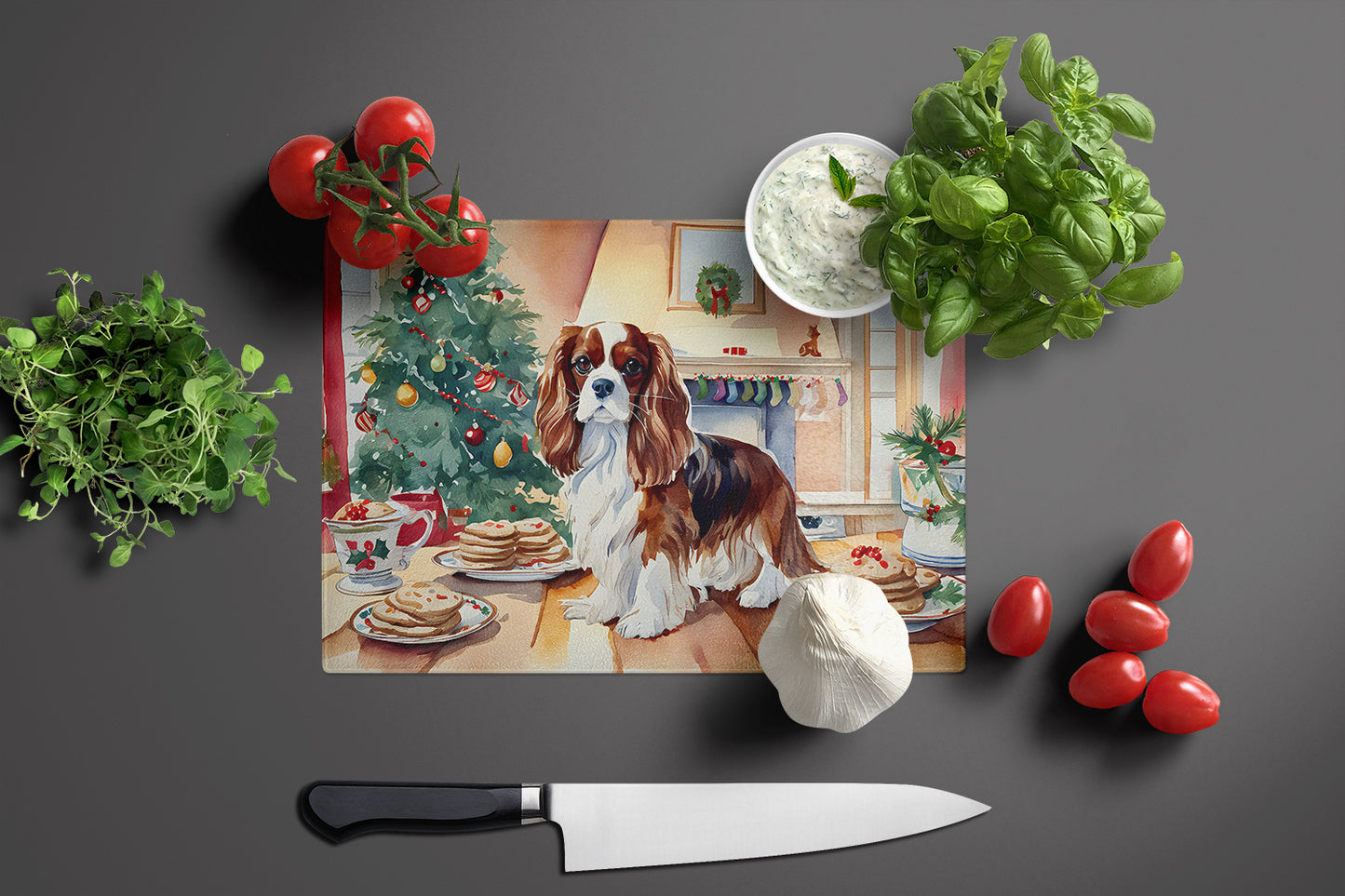 Cavalier Spaniel Christmas Cookies Glass Cutting Board