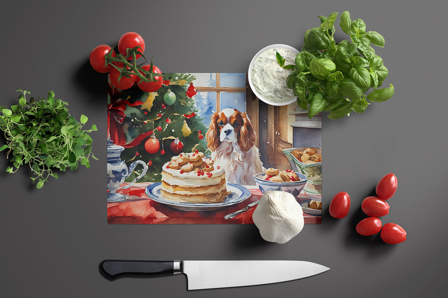 Cavalier Spaniel Christmas Cookies Glass Cutting Board