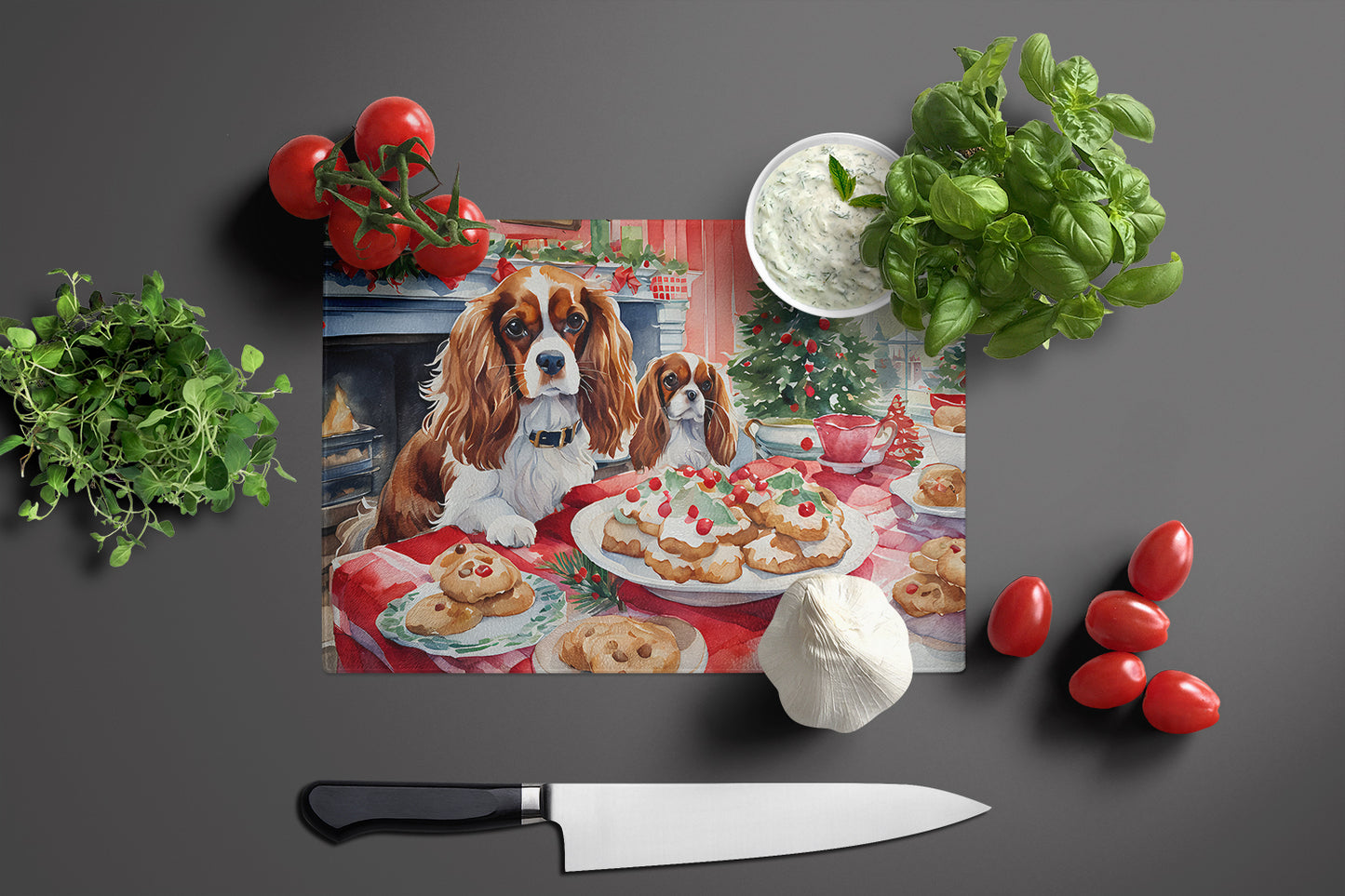 Cavalier Spaniel Christmas Cookies Glass Cutting Board