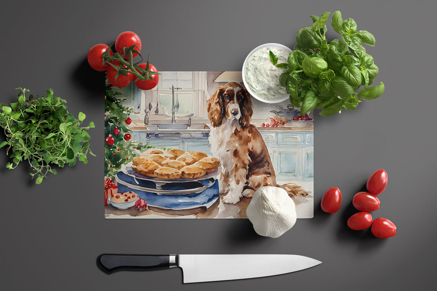 Cocker Spaniel Christmas Cookies Glass Cutting Board