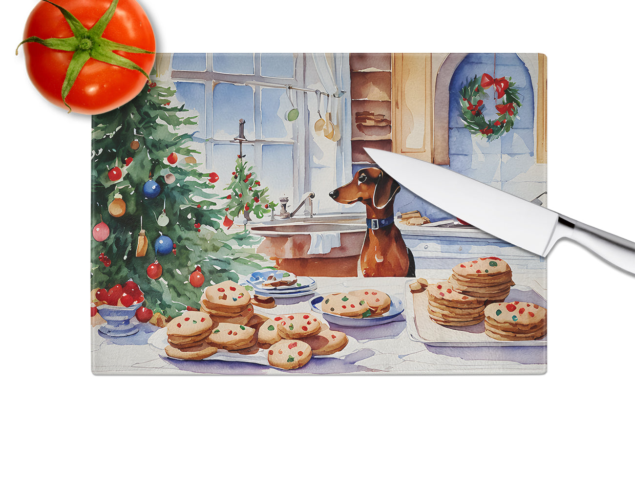 Dachshund Christmas Cookies Glass Cutting Board