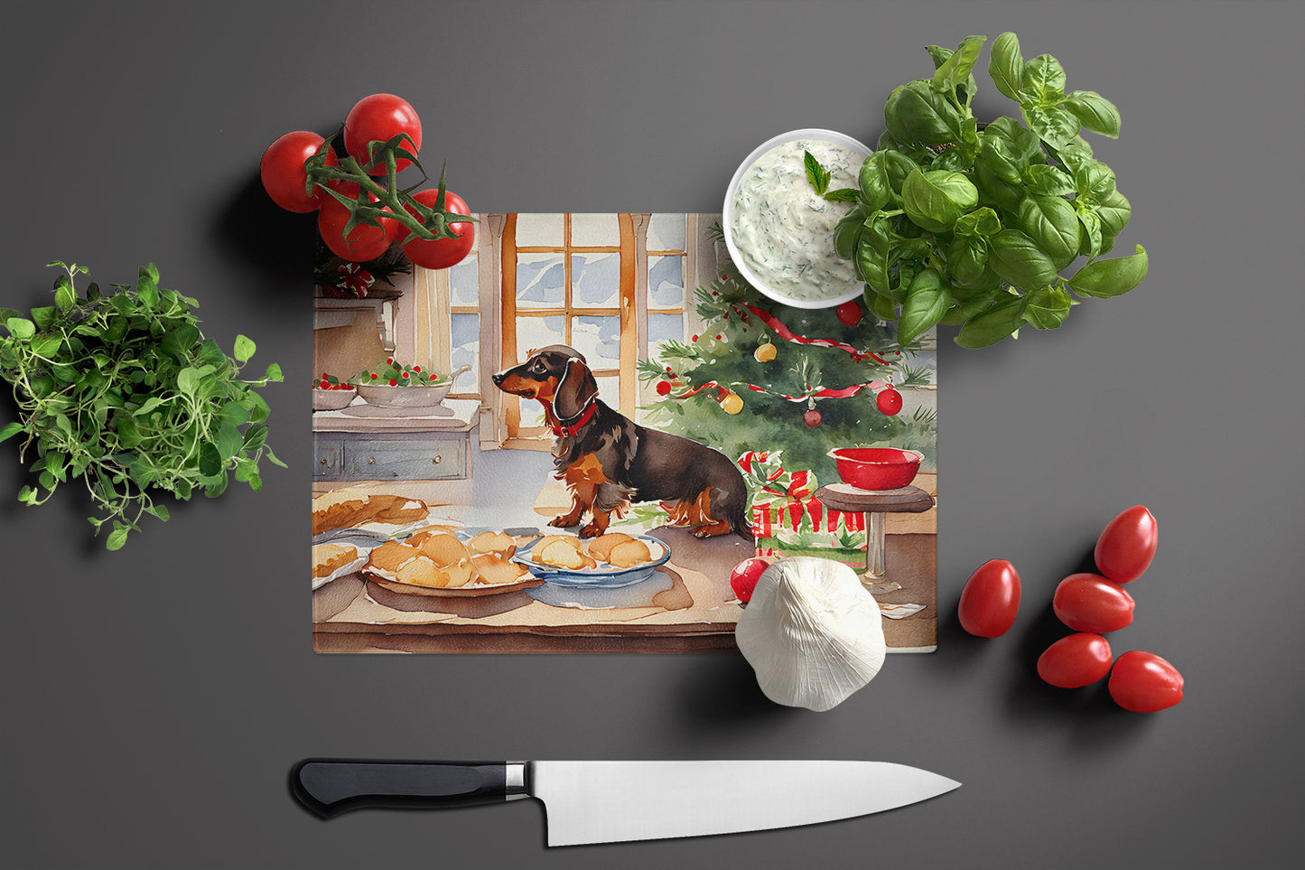 Dachshund Christmas Cookies Glass Cutting Board