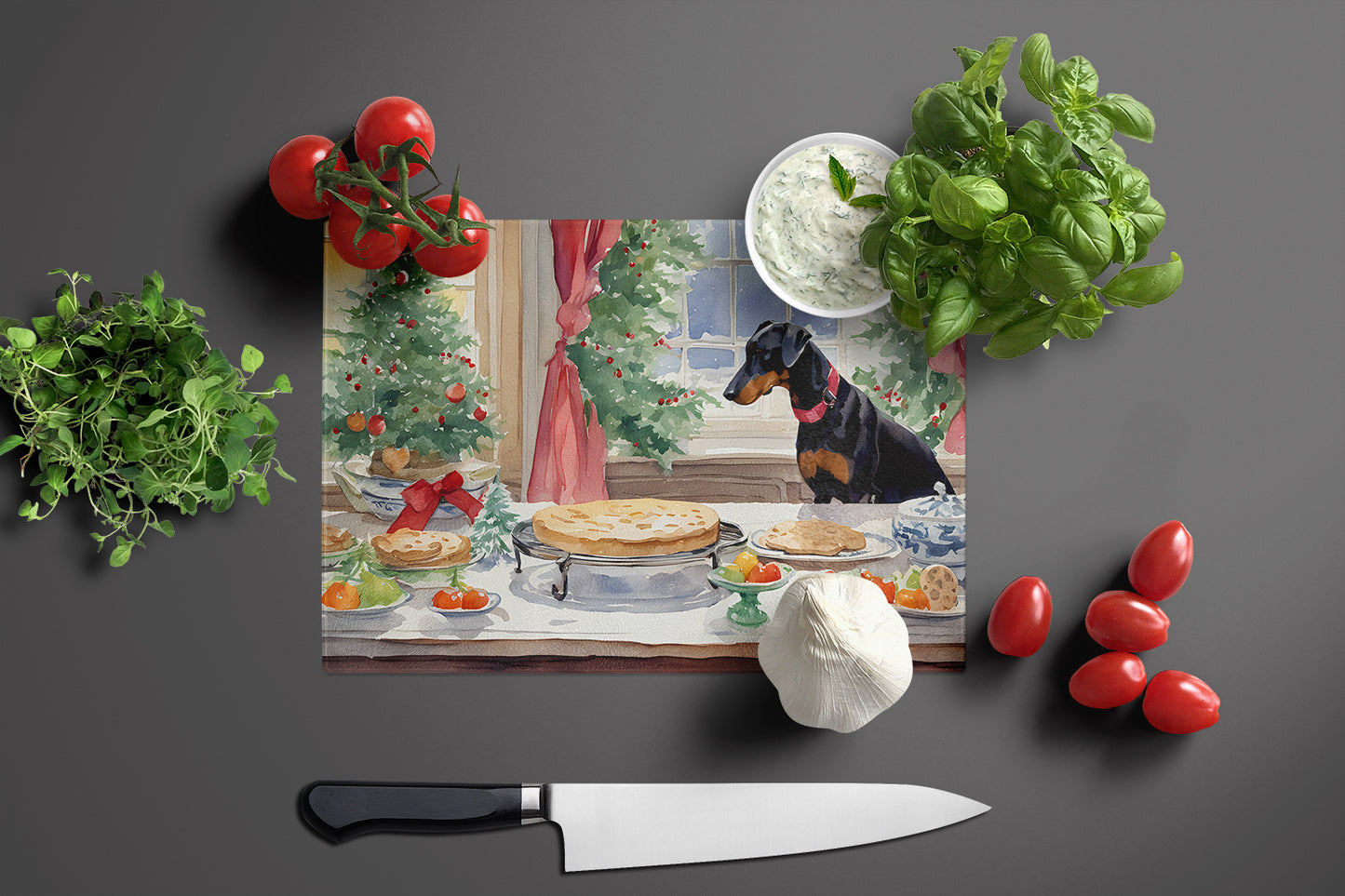 Doberman Pinscher Christmas Cookies Glass Cutting Board