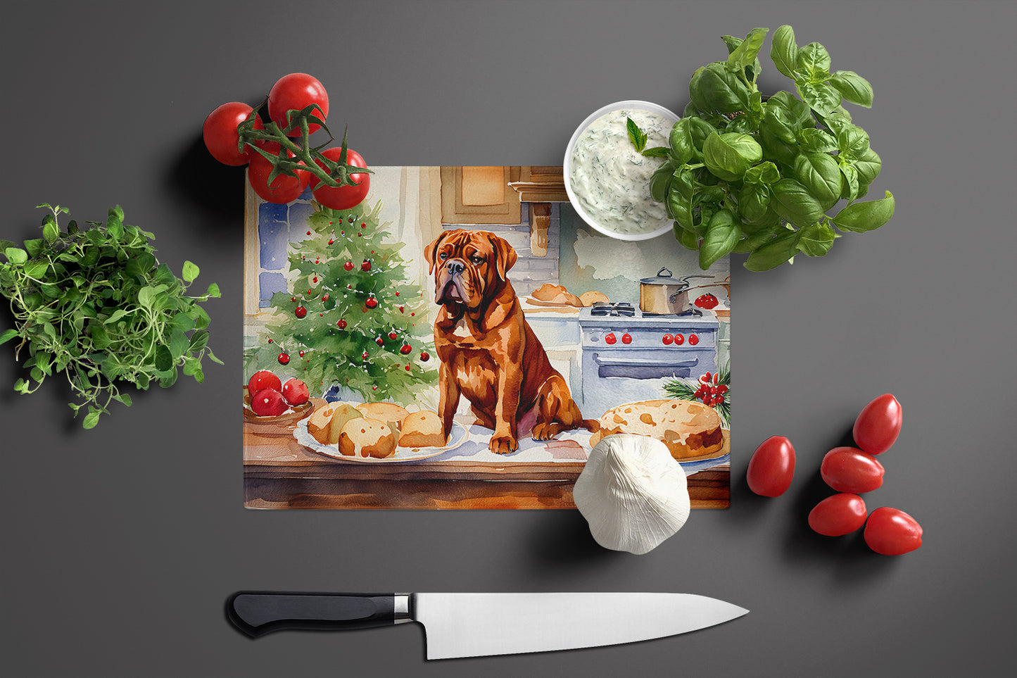 Dogue de Bordeaux Christmas Cookies Glass Cutting Board