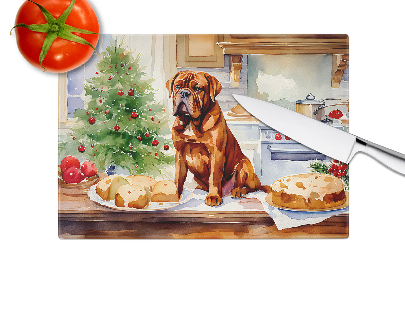 Dogue de Bordeaux Christmas Cookies Glass Cutting Board