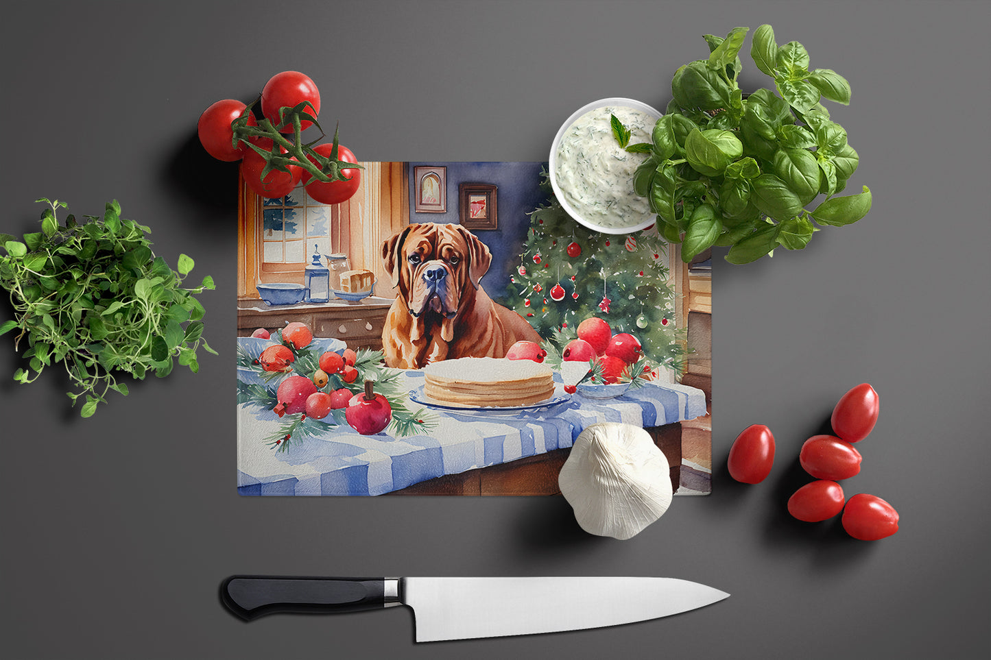 Dogue de Bordeaux Christmas Cookies Glass Cutting Board