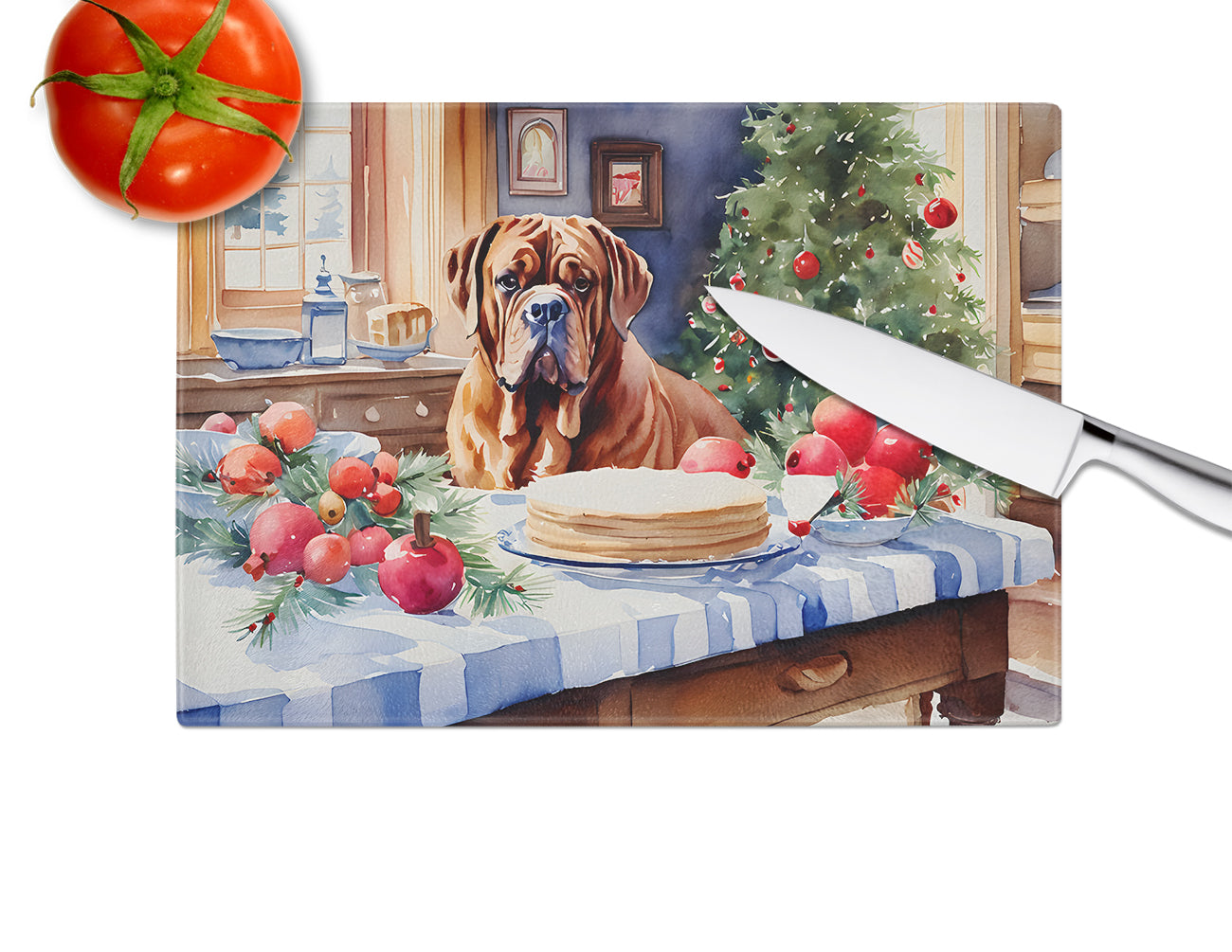 Dogue de Bordeaux Christmas Cookies Glass Cutting Board