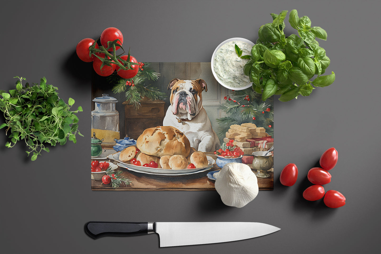 English Bulldog Christmas Cookies Glass Cutting Board