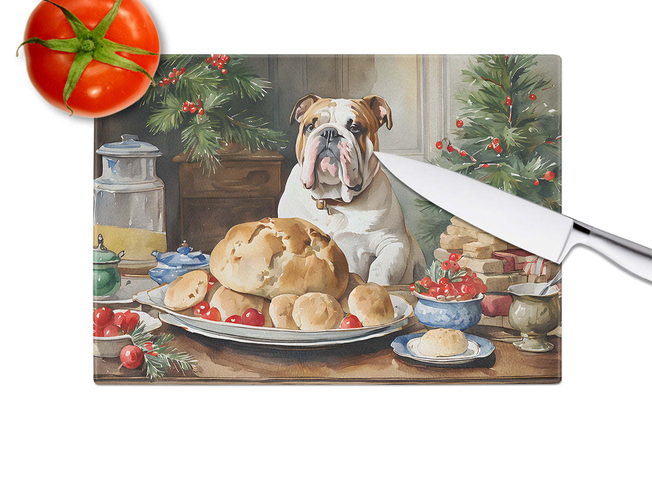 English Bulldog Christmas Cookies Glass Cutting Board