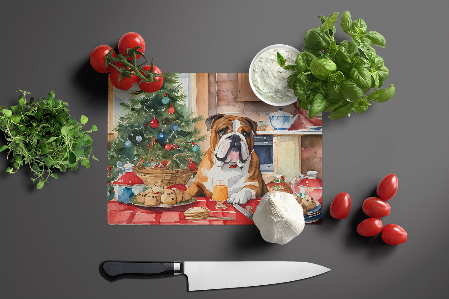 English Bulldog Christmas Cookies Glass Cutting Board