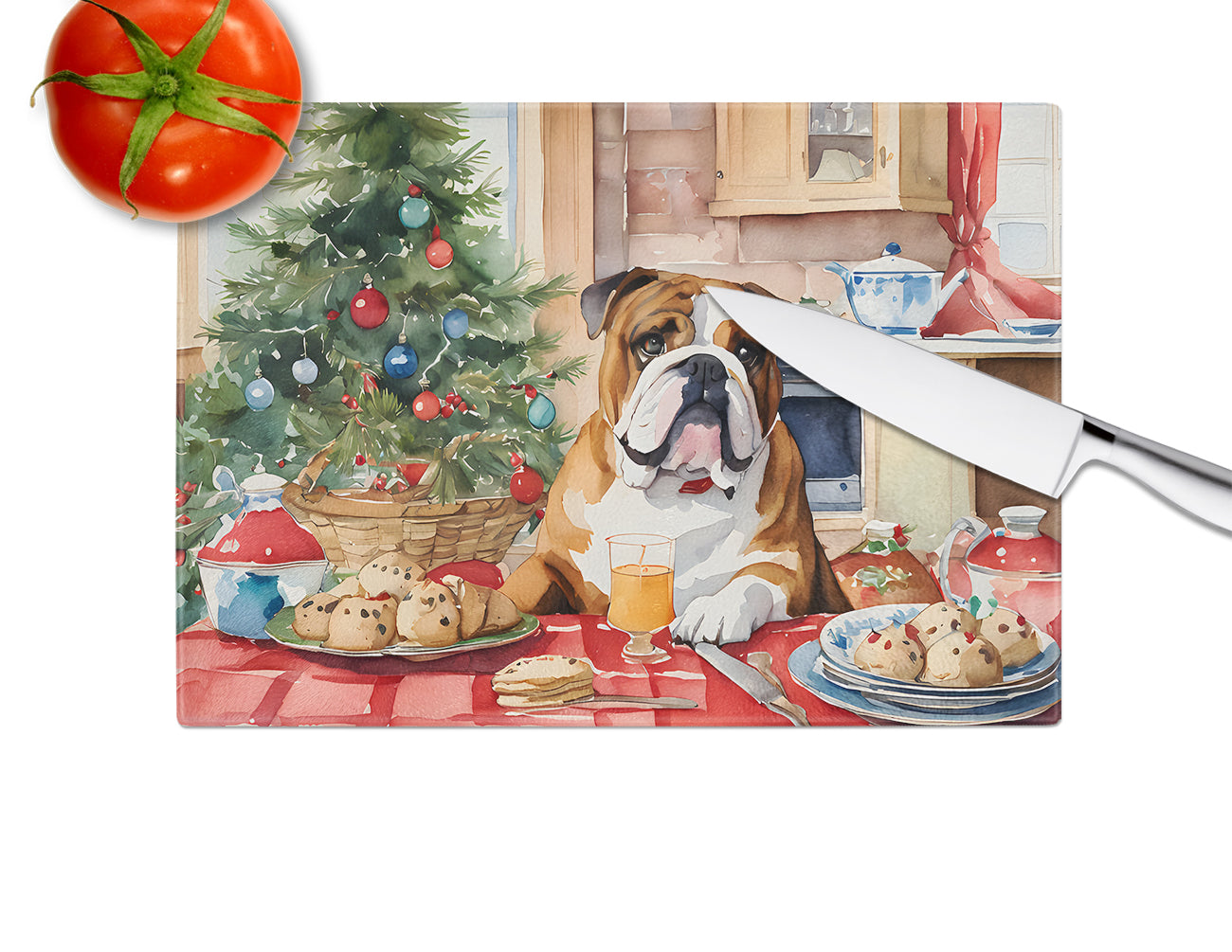 English Bulldog Christmas Cookies Glass Cutting Board