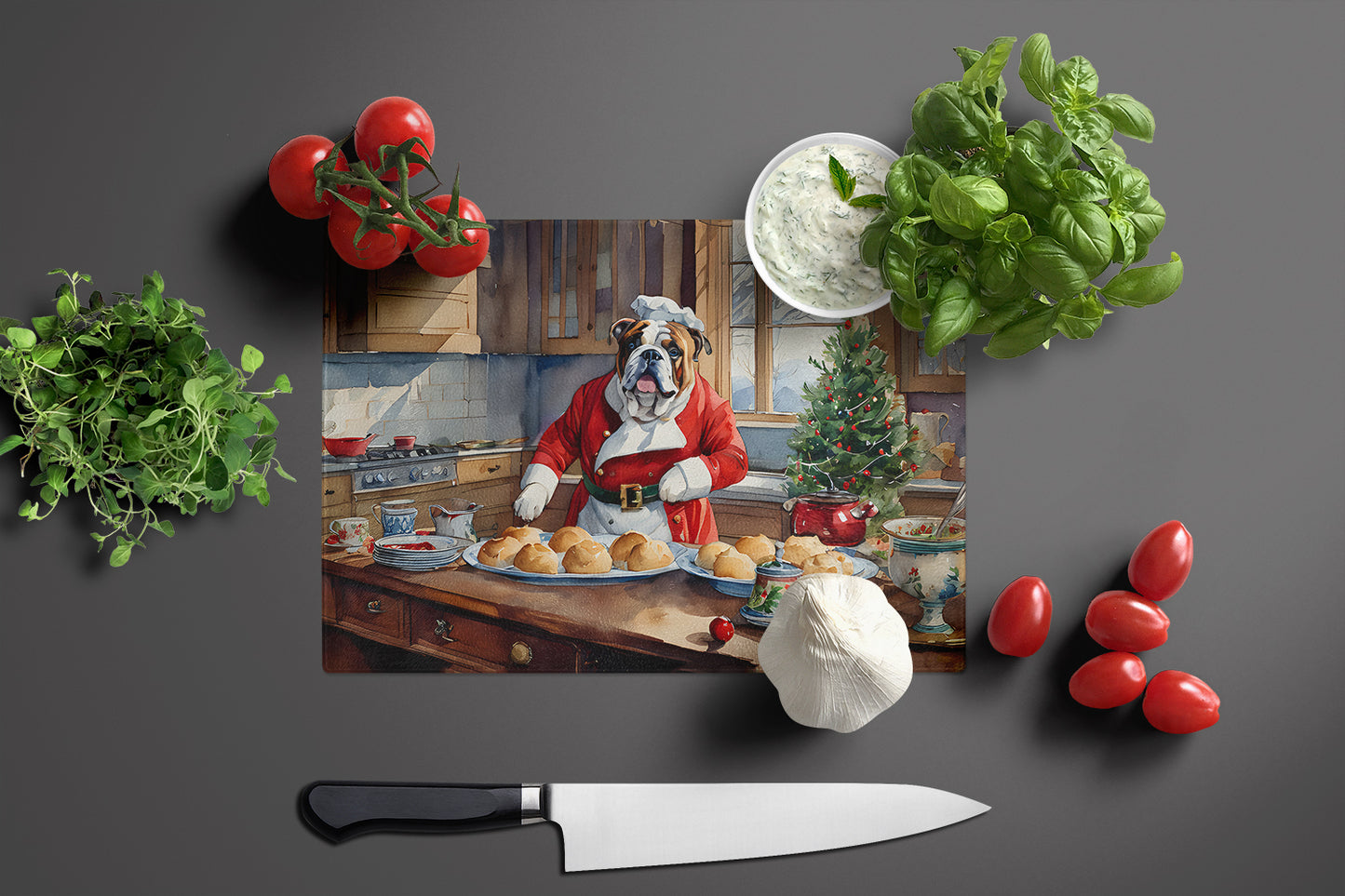 English Bulldog Christmas Cookies Glass Cutting Board