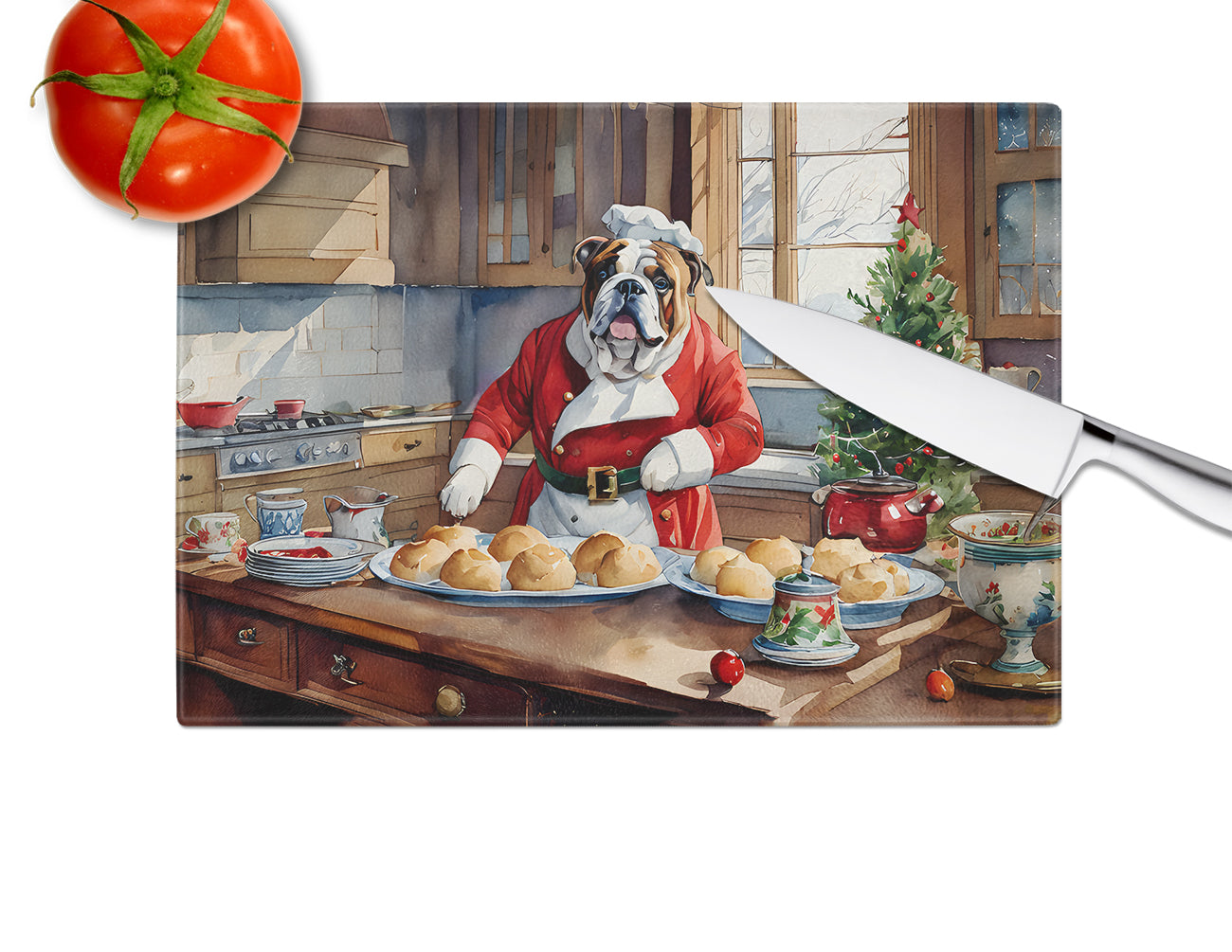 English Bulldog Christmas Cookies Glass Cutting Board