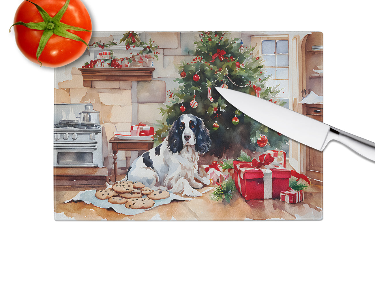 English Springer Spaniel Christmas Cookies Glass Cutting Board