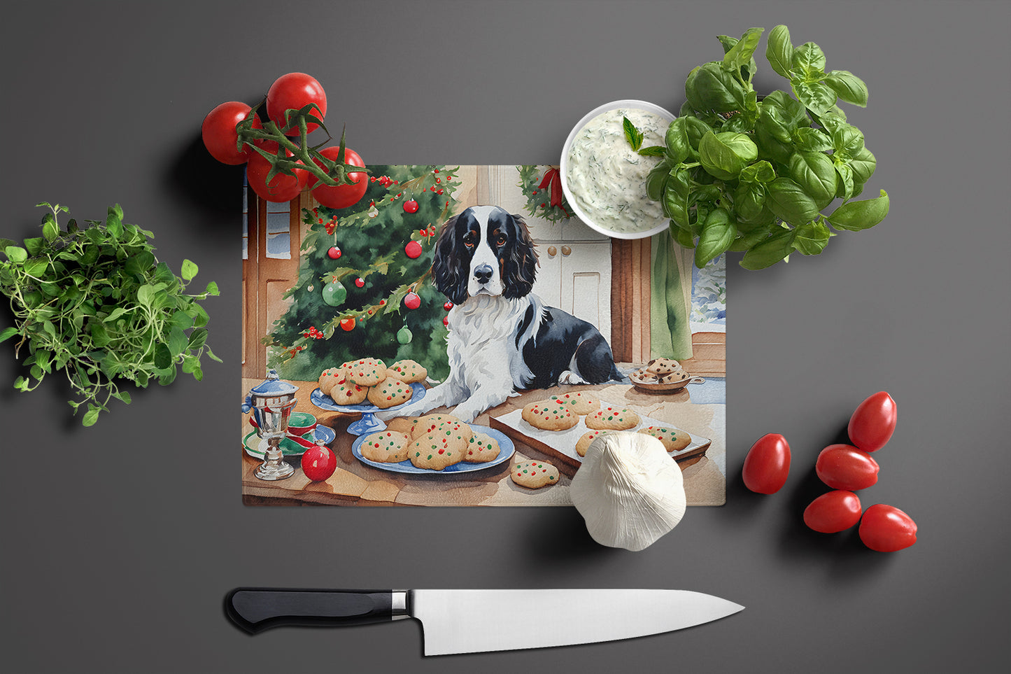 English Springer Spaniel Christmas Cookies Glass Cutting Board