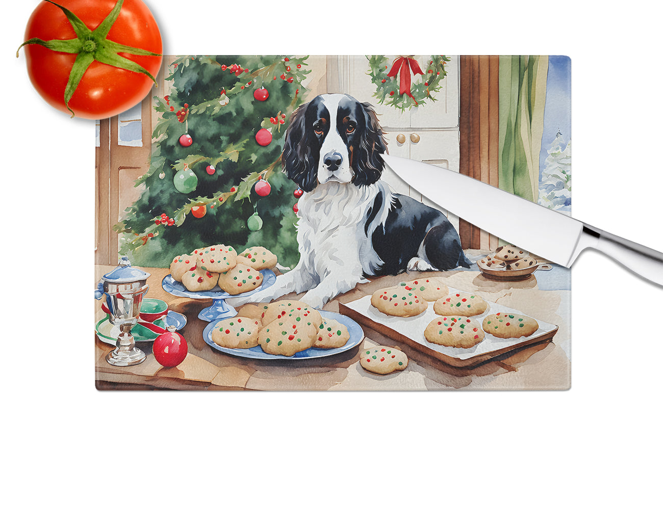 English Springer Spaniel Christmas Cookies Glass Cutting Board