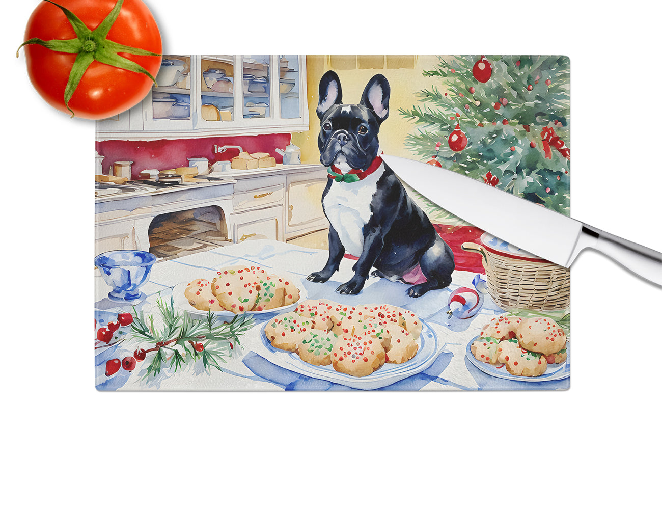 French Bulldog Christmas Cookies Glass Cutting Board