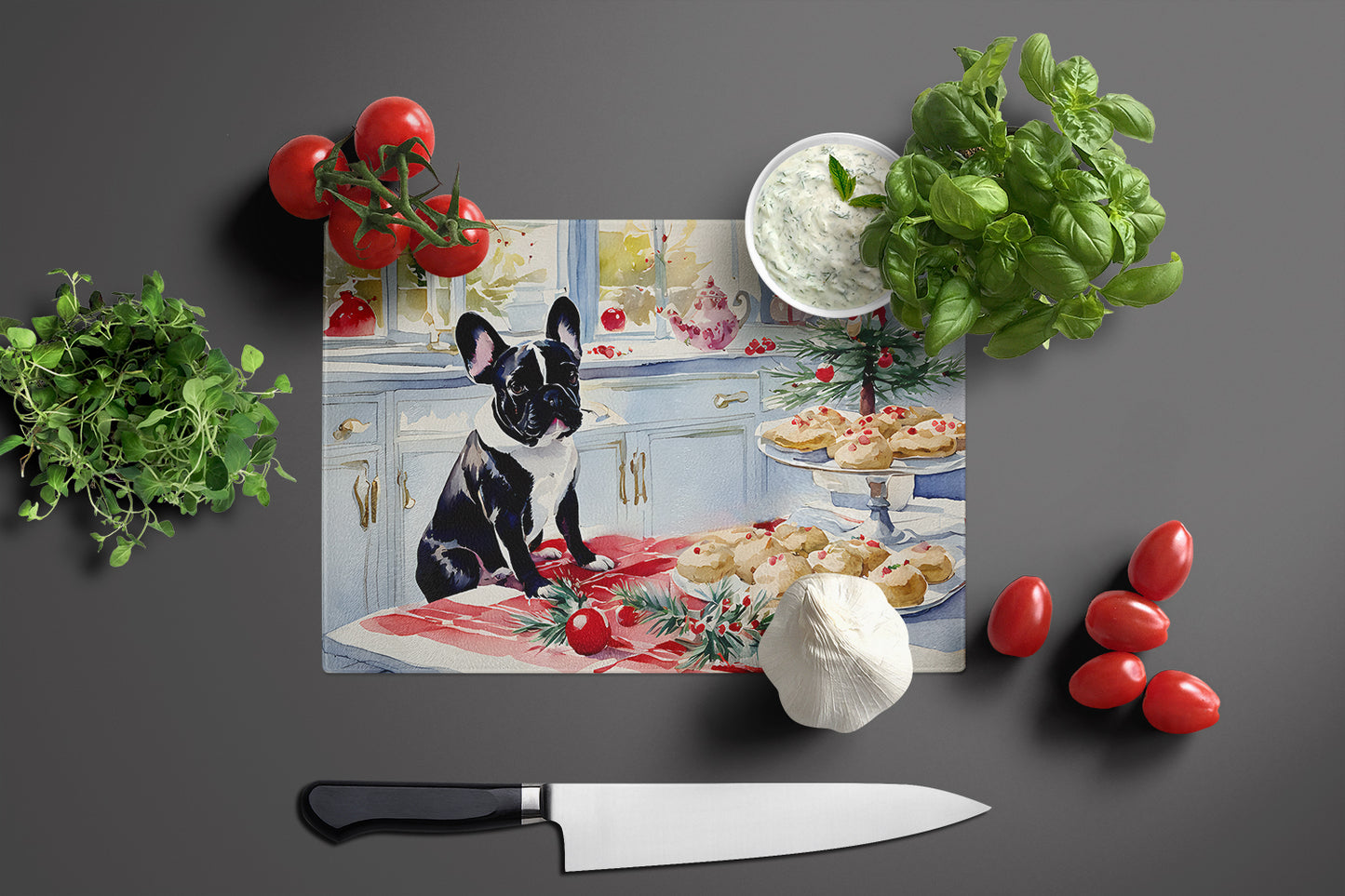 French Bulldog Christmas Cookies Glass Cutting Board