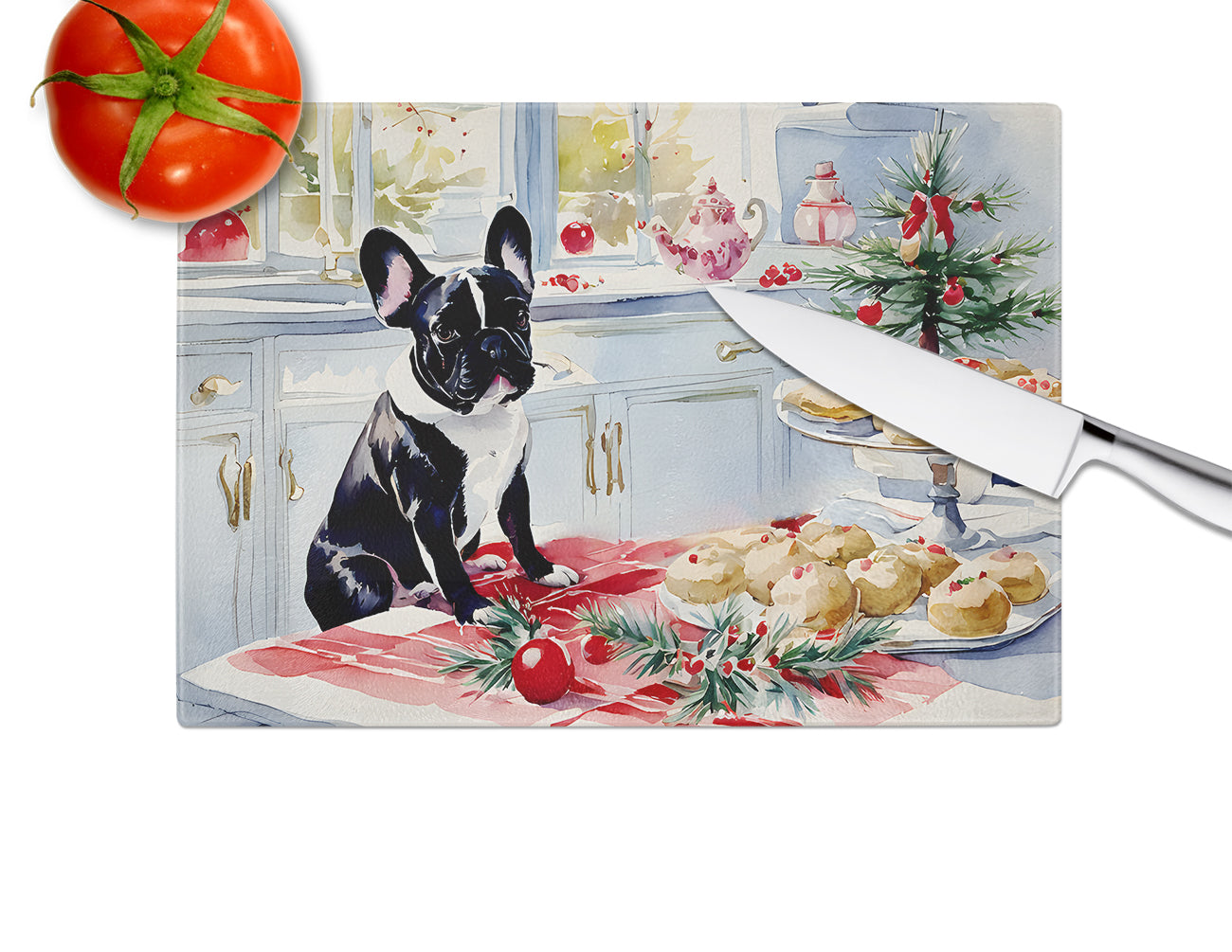 French Bulldog Christmas Cookies Glass Cutting Board