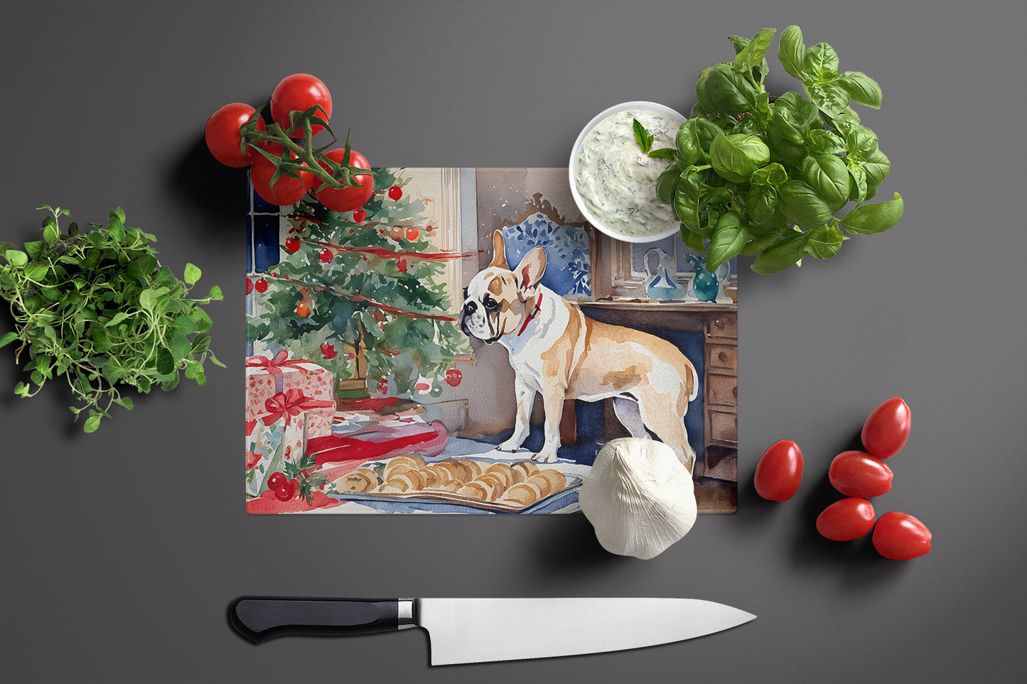 French Bulldog Christmas Cookies Glass Cutting Board