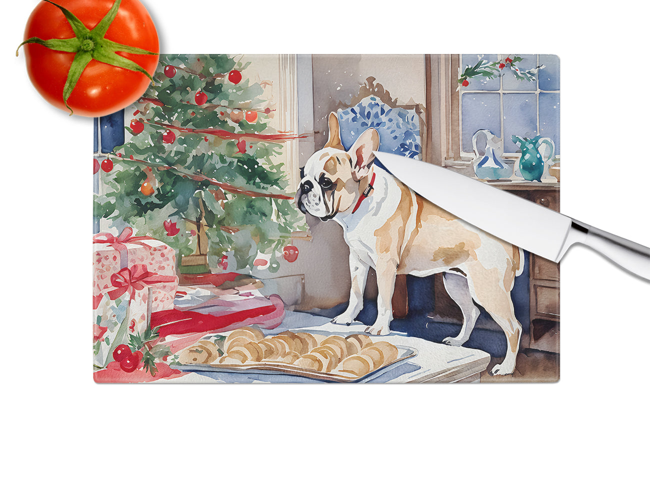 French Bulldog Christmas Cookies Glass Cutting Board