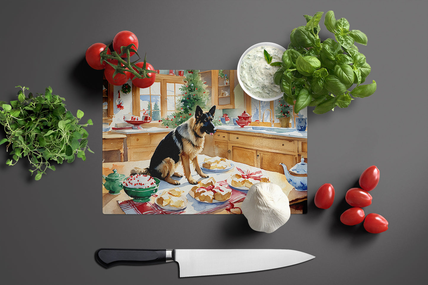 German Shepherd Christmas Cookies Glass Cutting Board