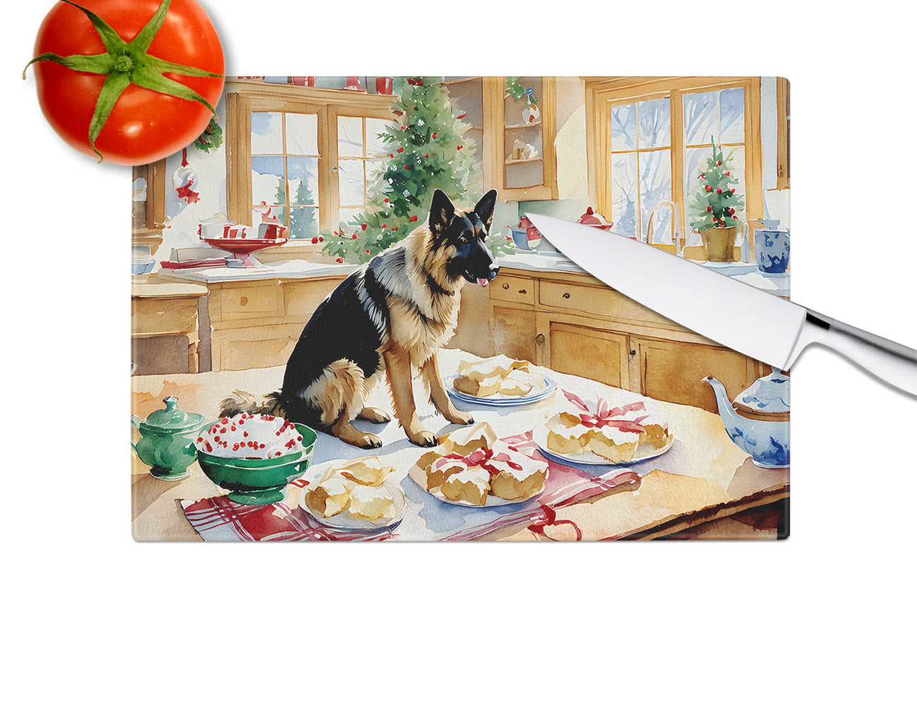 German Shepherd Christmas Cookies Glass Cutting Board