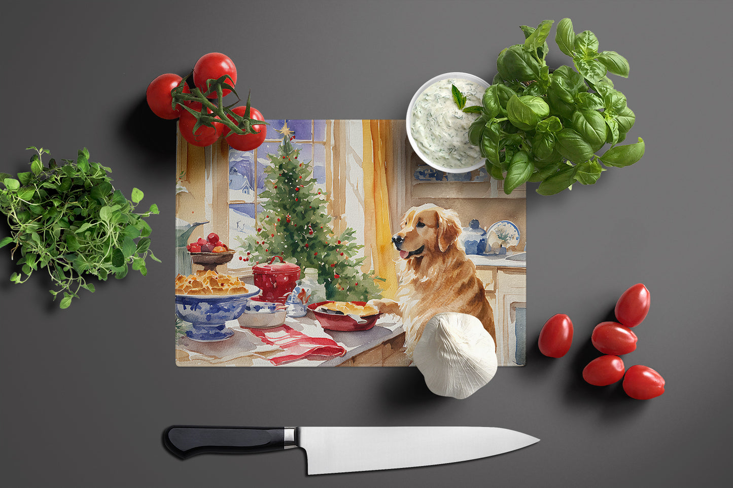 Golden Retriever Christmas Cookies Glass Cutting Board