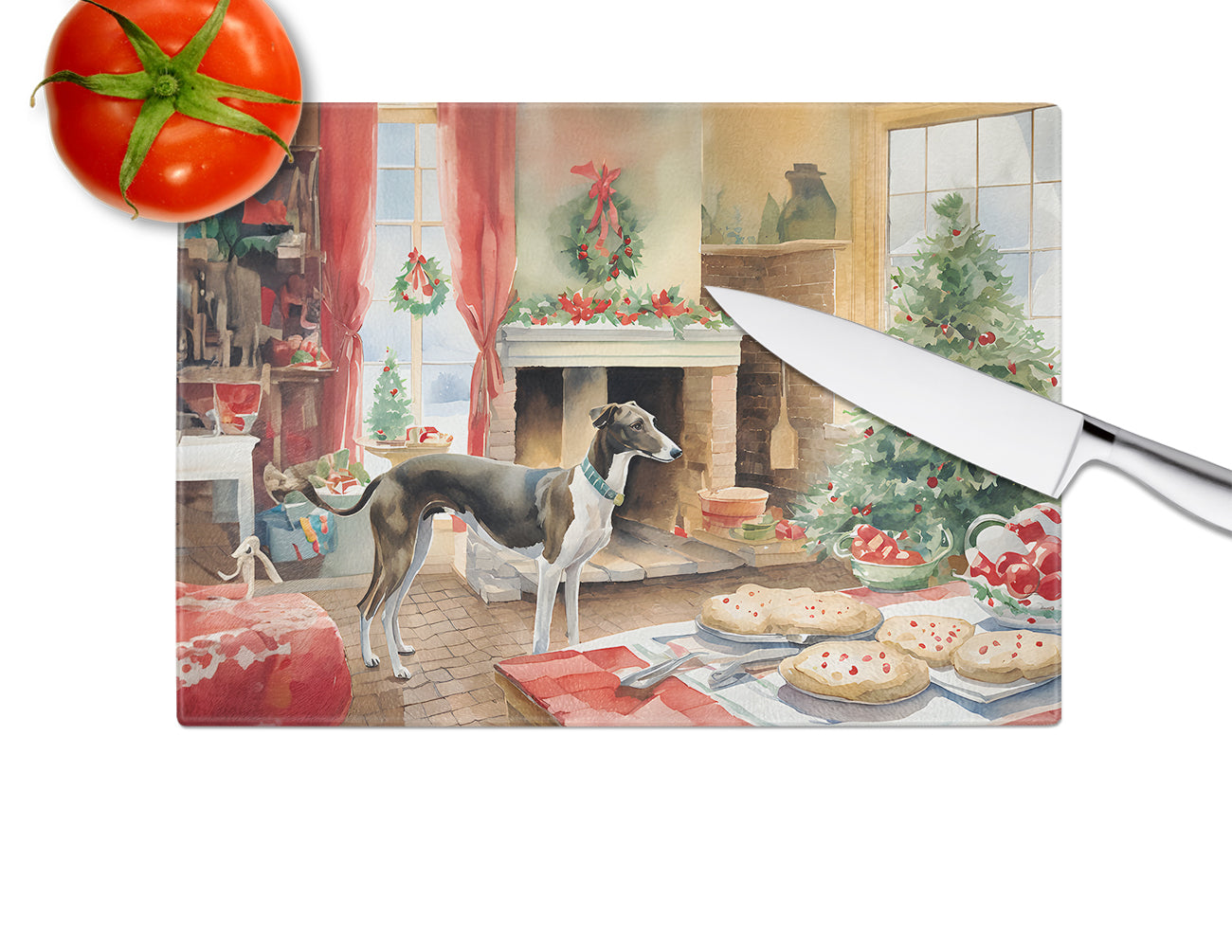 Greyhound Christmas Cookies Glass Cutting Board