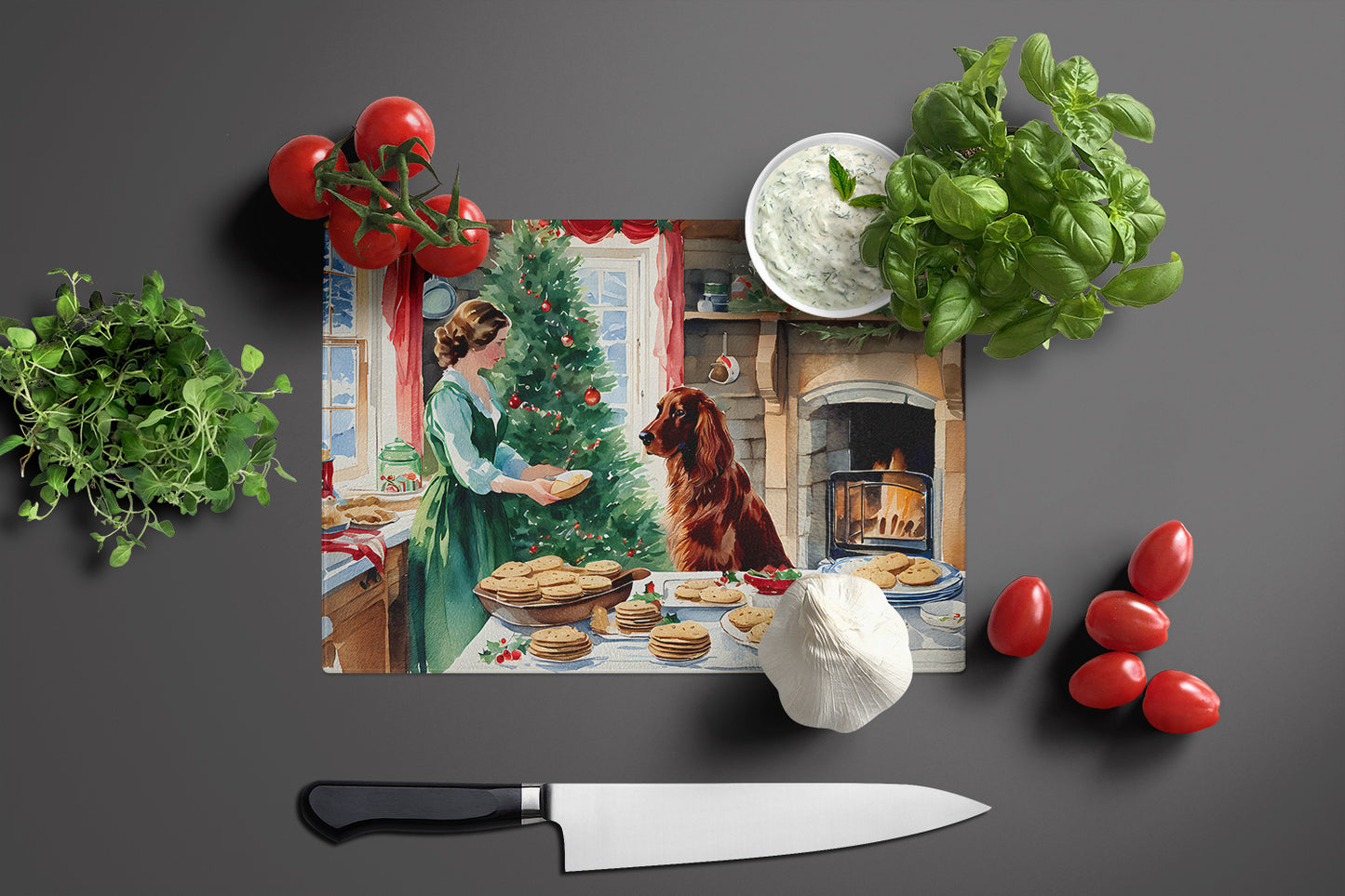 Irish Setter Christmas Cookies Glass Cutting Board