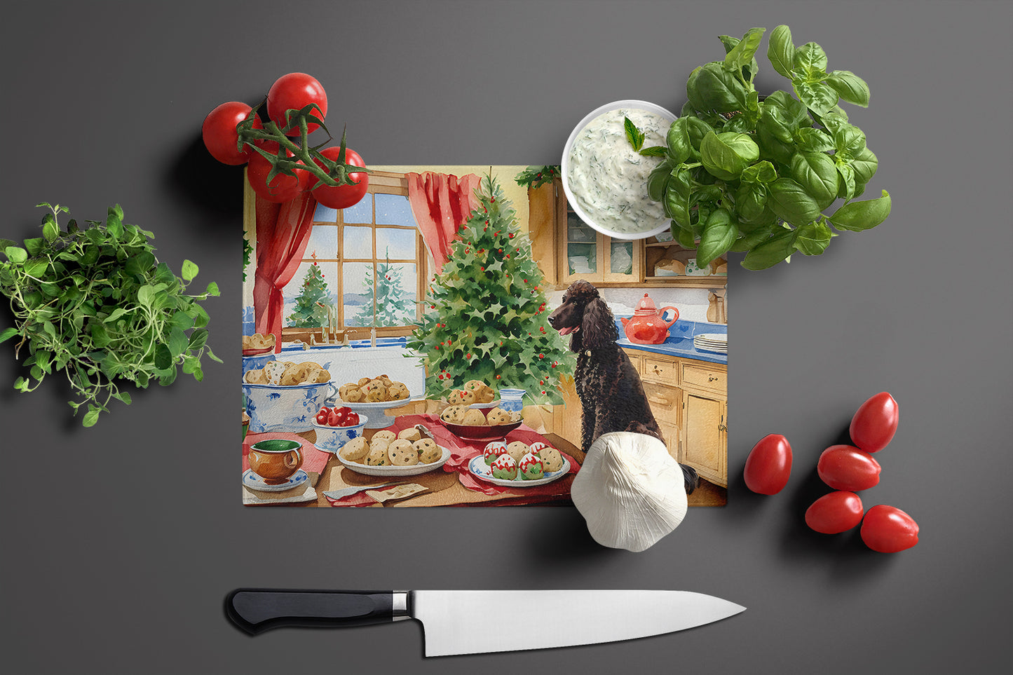 Irish Water Spaniel Christmas Cookies Glass Cutting Board