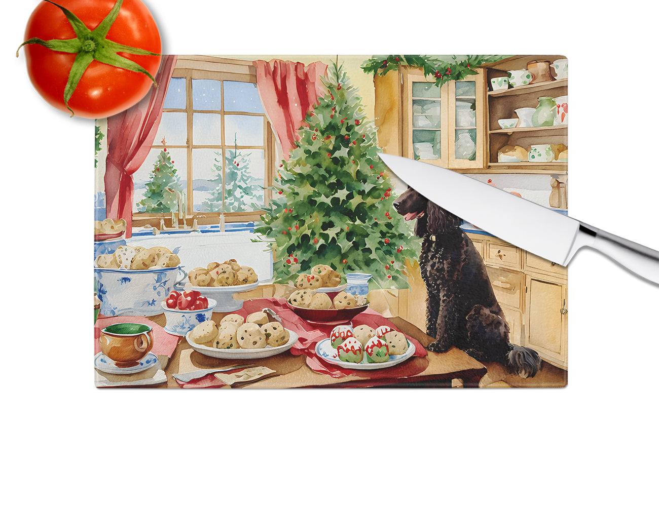 Irish Water Spaniel Christmas Cookies Glass Cutting Board