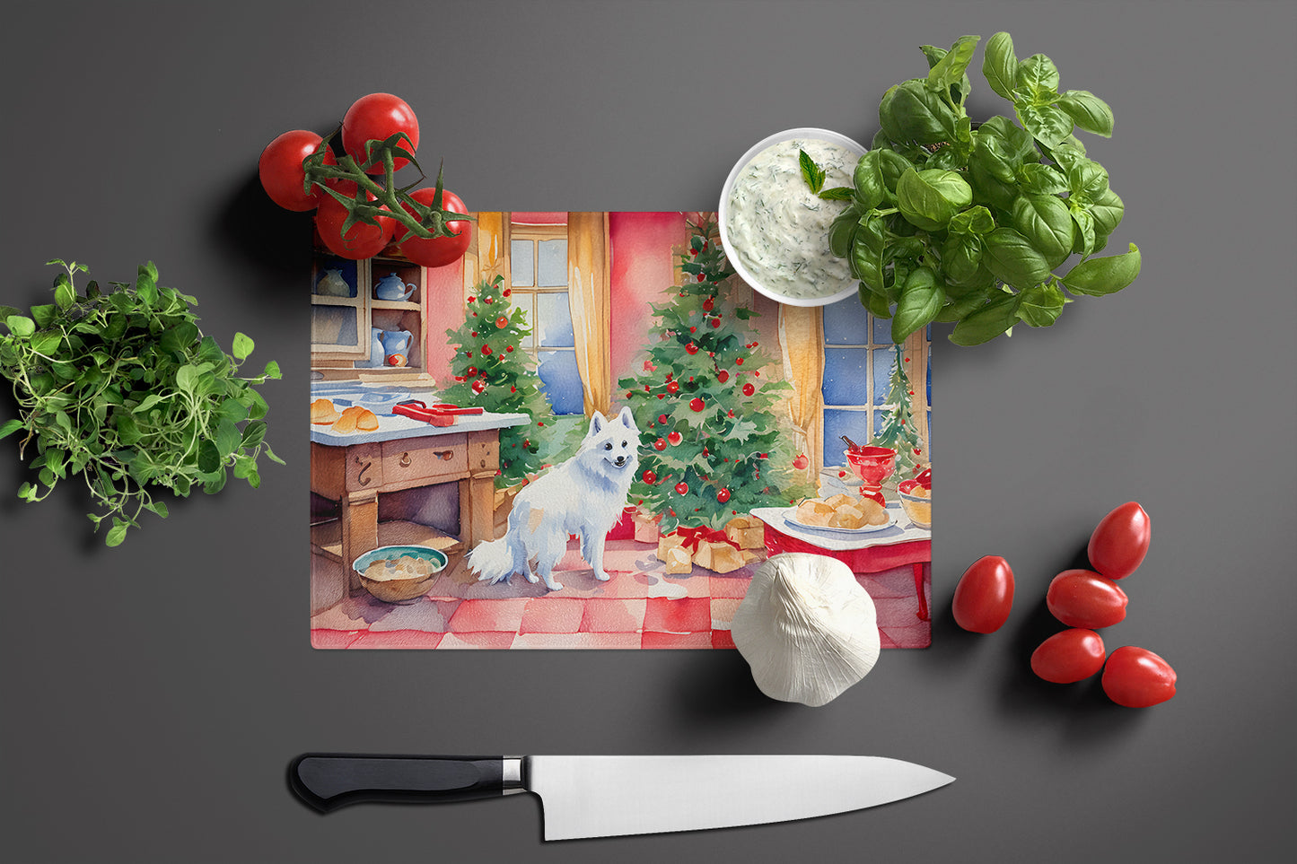 Japanese Spitz Christmas Cookies Glass Cutting Board