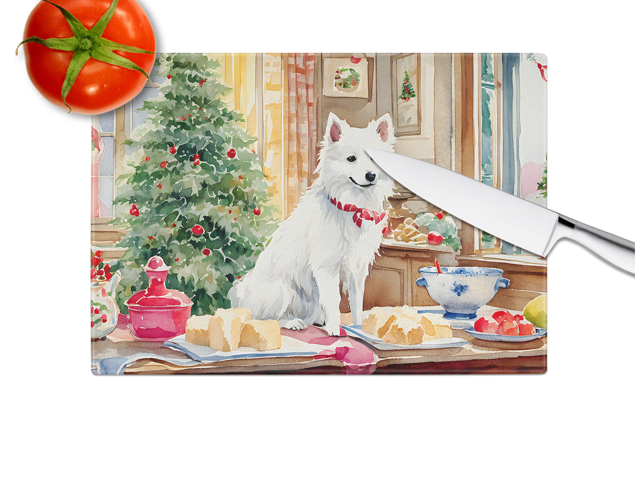 Japanese Spitz Christmas Cookies Glass Cutting Board