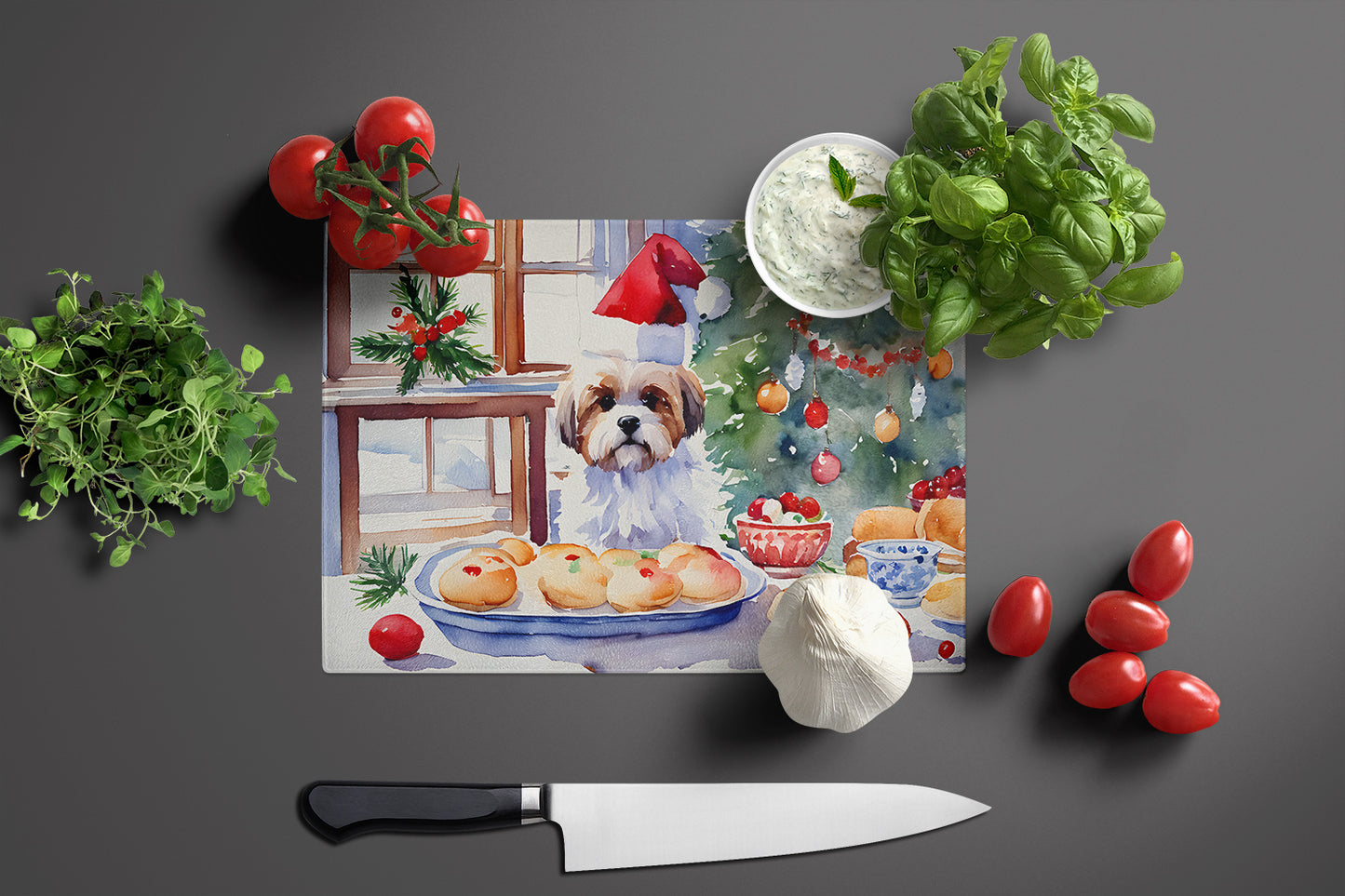 Lhasa Apso Christmas Cookies Glass Cutting Board