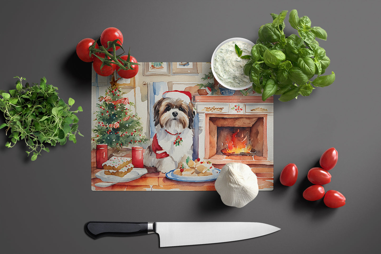 Lhasa Apso Christmas Cookies Glass Cutting Board